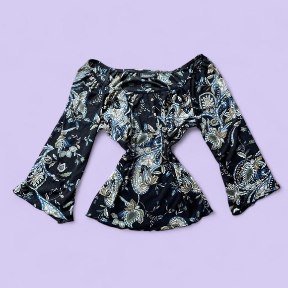 Y2K Black Blue Paisley Off Shoulder Bell Sleeve Top Small - Picture 2 of 6